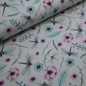 Cotton jersey jersey miss by Julie dragonflies flowers on white