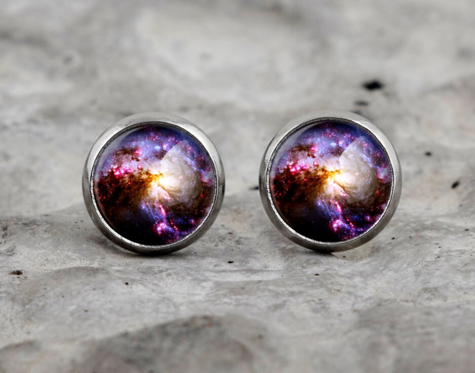 Galaxy earrings space nebula ear studs small glass ear Etsy