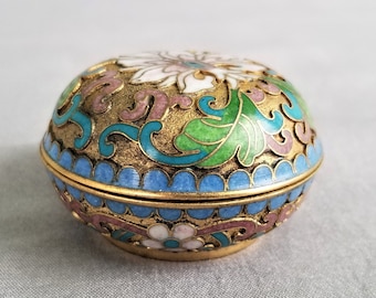 Green Cloisonn\u00e9 jewelry Trinket box with Cherry Blossom hand painted