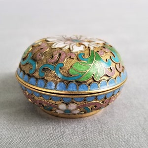 Round Enamel Trinket Box Lidded Flower / Lotus Cloisonne
