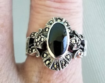 Onyx Sterling Ring with Marcasite Stones size 5.75