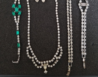 Vintage Rhinestone Jewelry Lot: Necklace, Bracelets & Clip-on Earrings