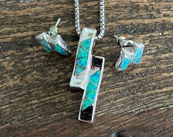 Sterling Silver Abalone or Opal Necklace with Earrings  Set