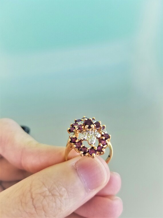 14k Garnet Cluster Ring accented with Diamonds si… - image 5