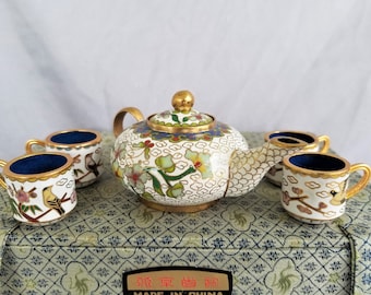 Vintage Boxed Miniature Cloisonne Tea Set w/ Pot, Cup, Bird White