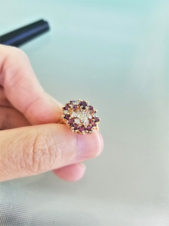 14k Garnet Cluster Ring accented with Diamonds si… - image 9