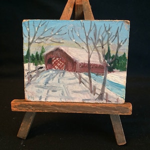 Miniature Oil painting on easel Doll house size winter landscape covered bridge vintage doll furniture