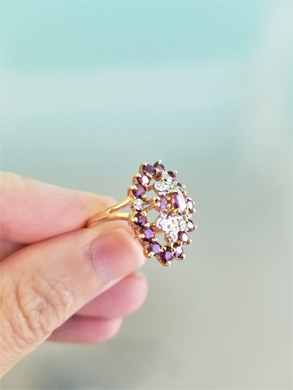 14k Garnet Cluster Ring accented with Diamonds si… - image 1