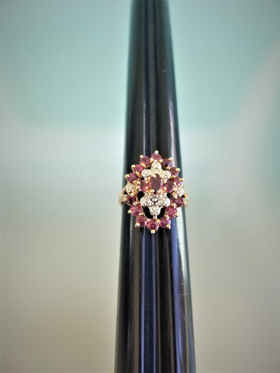 14k Garnet Cluster Ring accented with Diamonds si… - image 2