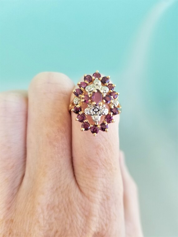14k Garnet Cluster Ring accented with Diamonds si… - image 3