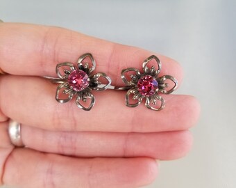 Van Dell Sterling screw back earrings vintage flowers pink floral