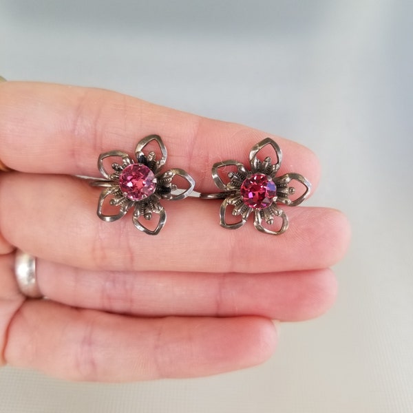 Van Dell Sterling screw back earrings vintage flowers pink floral