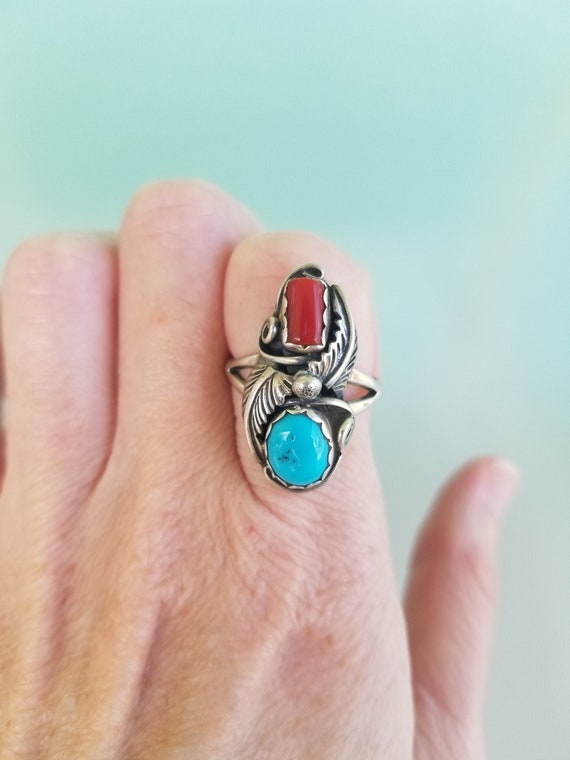 Sterling Coral and Turquoise Ring size 9