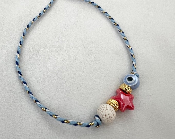 Red starfish evil eye blue string adjustable bracelet