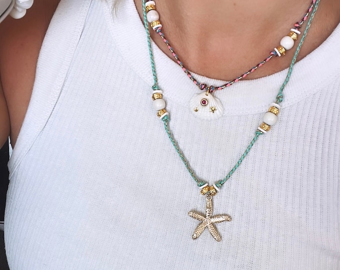 Starfish bead mint green gold string adjustable necklace