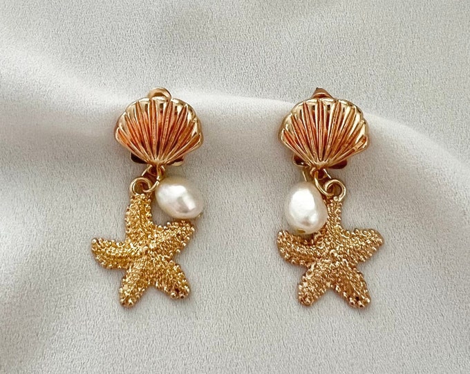 Starfish shell gold pearl earrings