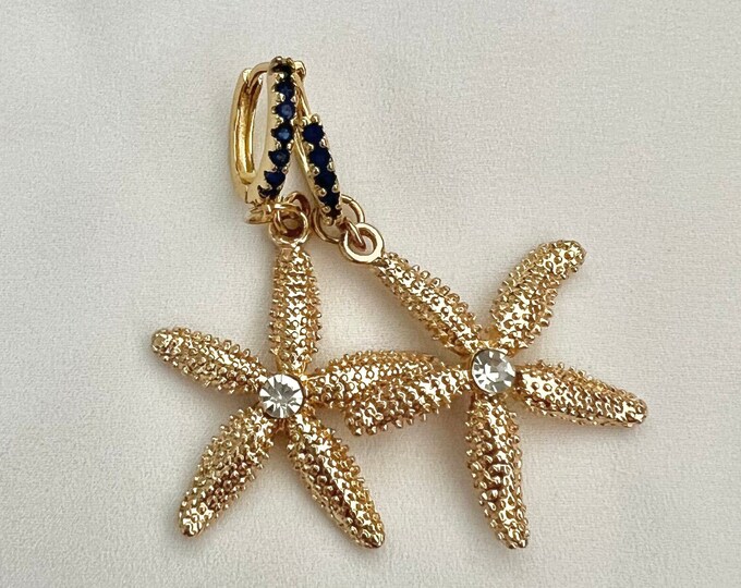 Golden starfish blue CZ huggie hoops