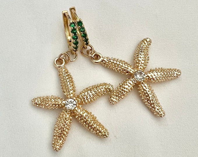 Golden starfish green CZ huggie hoops