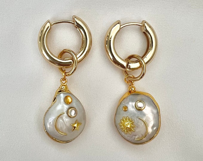 Celestial detailed gold plated Baroque pearl hoops
