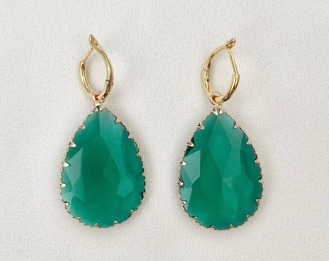 Emerald green glass crystal mini gold hoop earrings