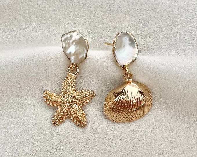 Starfish shell gold pearl stud drops