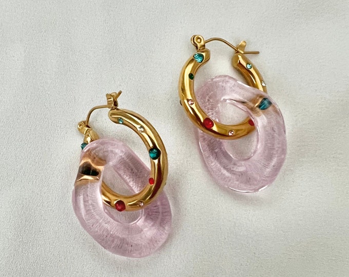 Pink glass Zircon stone gold hoops