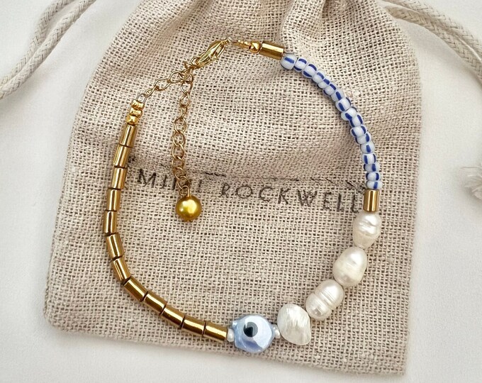 Evil eye pearl beaded gold necklace