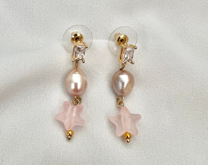 Pink pearl star crystal stud earrings