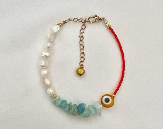 Yellow evil eye pearl gemstone beaded gold necklace
