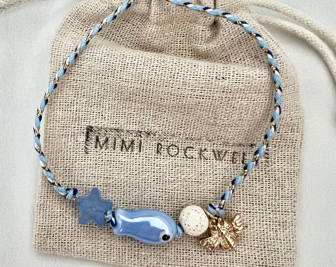 Ceramic fish star bee blue string adjustable bracelet