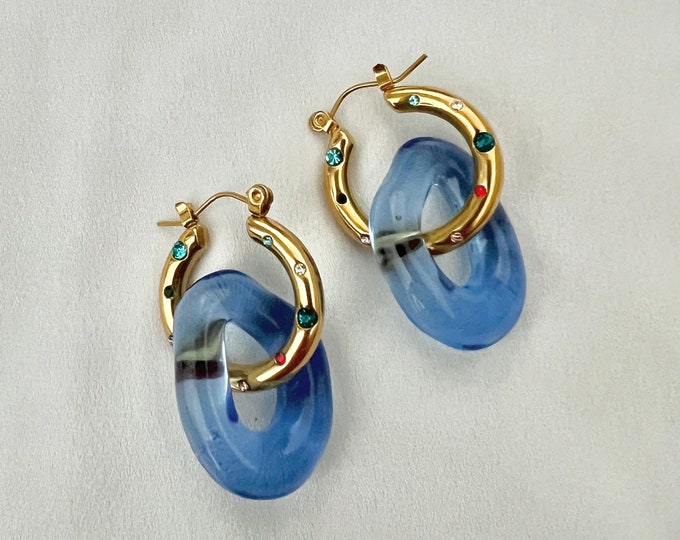 Blue glass Zircon stone gold hoops