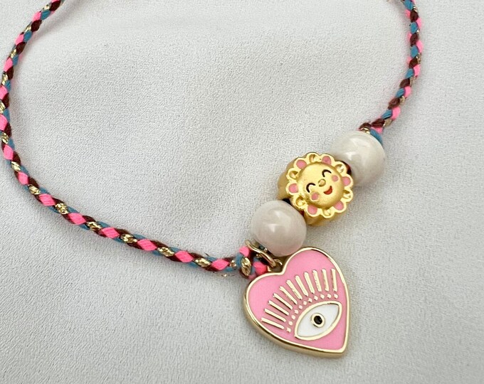 Pink heart eye flower string adjustable bracelet