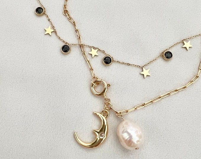 Celestial pearl star gold necklace set / Black Cubic Zirconia star gold necklace / large Baroque pearl moon pendant / double gold chain