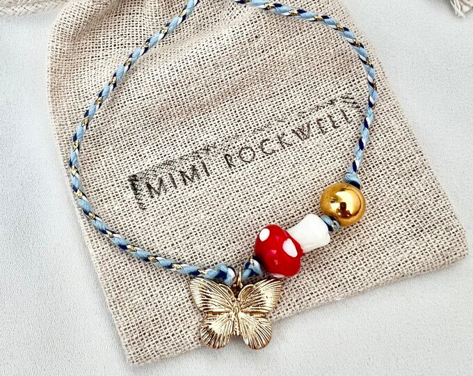 Butterfly mushroom charm star blue string adjustable bracelet