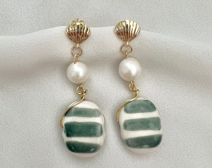 Sterling silver shell pearl green white stripe drop earrings