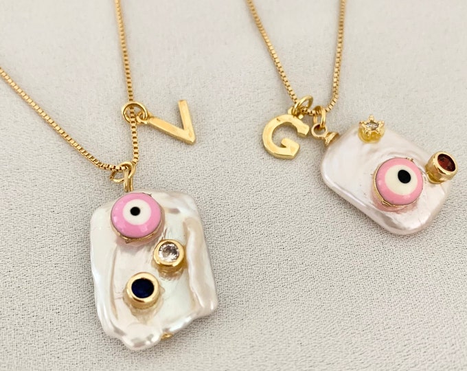 Custom gold letter pink evil eye pearl necklace