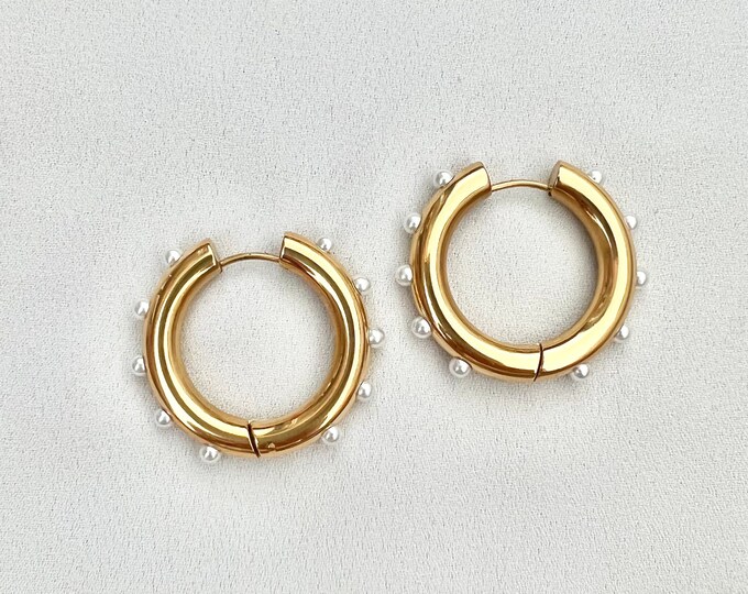 Large gold pearl hoops