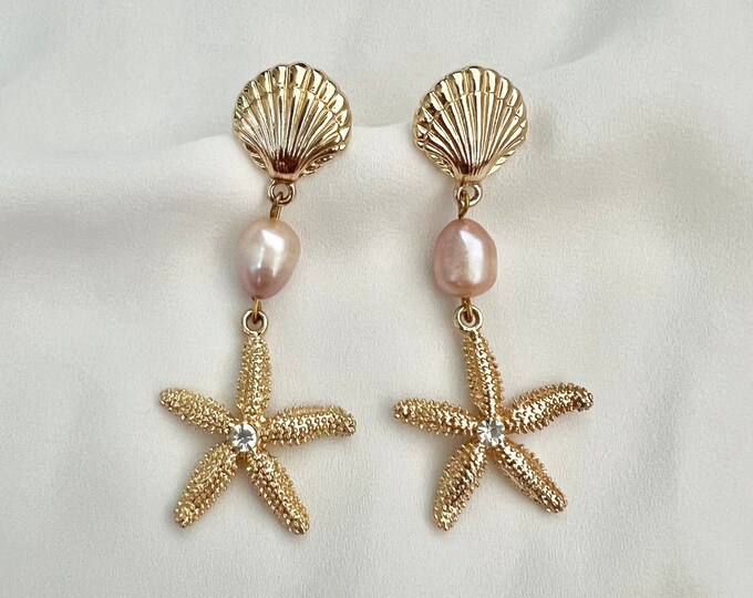 Starfish pale pink pearl gold shell drop earrings