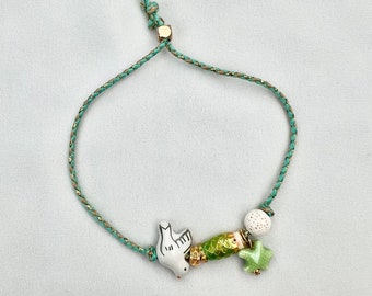 Green enamel fish white dove starfish green string adjustable bracelet / string rope charm pendant bracelet / braided pendant charm bracelet