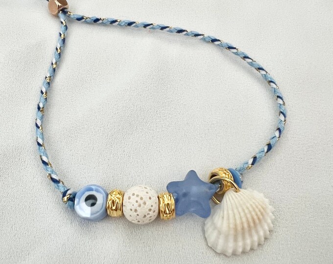 Evil eye star shell blue string adjustable bracelet