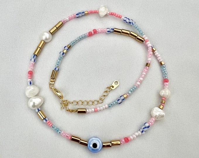 Light blue evil eye pink pearl beaded gold necklace