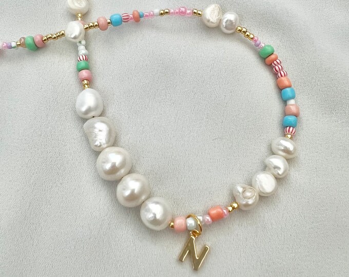 Custom initial letter pearl pastel beaded gold necklace
