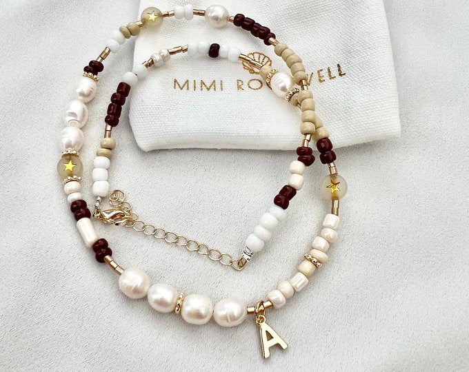 Neutral coloured beaded pearl initial necklace