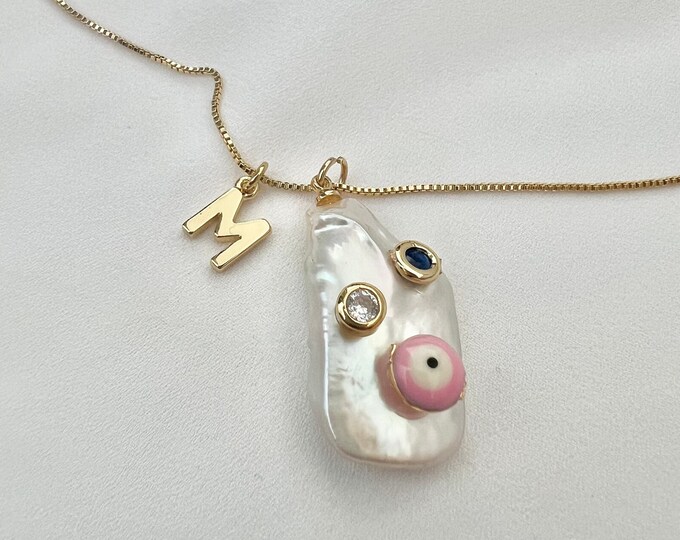 Pink evil eye custom initial gold necklace