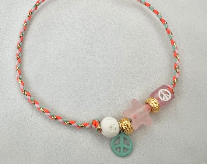 Peace pink star orange string adjustable bracelet