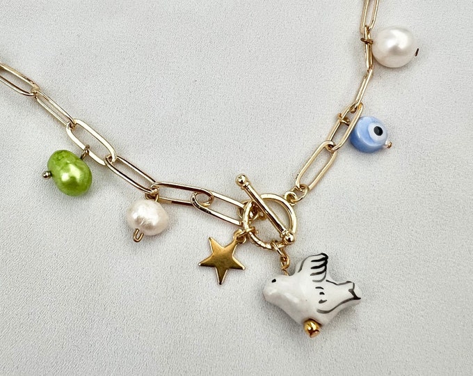 Pearl swallow treasure gold chain toggle lock necklace