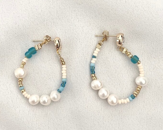 Aqua white bead pearl gold wire hoops