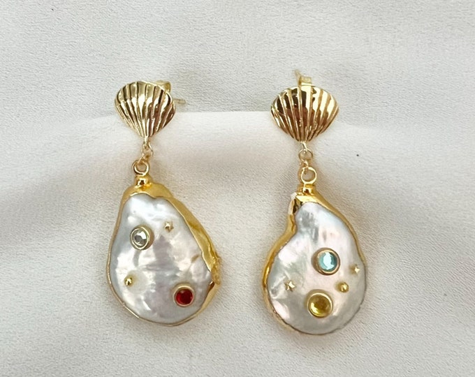 Unique large detailed Baroque pearl gold shell earrings