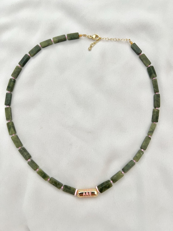 You are loved charm Canadian Jade crystal beaded gold necklace