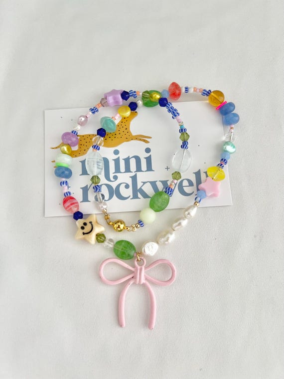 Kids pink bow charm pearl glass beaded gold necklace with magnetic lock